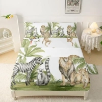 QOOMO Wild animal zebra lion Silky Soft Microfiber Bed Sheets Animal Watercolour Super Soft Kids Bedding Set Green banana leaves Kids Sheets Set Queen Size 1 Fitted Sheet, 1 Flat Sheet, 2 Pillow Cases