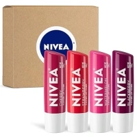 NIVEA Lip Care, Fruity Tinted Lip Balm Variety Pack, Includes Cherry, Strawberry, Blackberry and Watermelon Scents, 0.17 Oz, Pack of 4