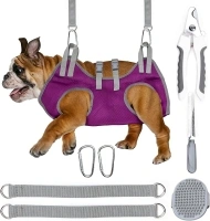 Dog Grooming Hammock - Pet Grooming Hammock with Nail Clippers for Dogs, Nail File, and Dog Bath Brush - Dog Hammock for Grooming with Strong Center Straps for Extra Security (XS, Purple)