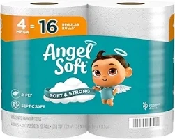 Angel Soft Toilet Paper, 4 Mega Rolls = 16 Regular Rolls, Soft and Strong Toilet Tissue