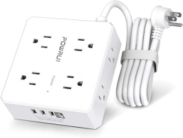 Surge Protector Power Strip - 6 Ft Flat Plug Extension Cord with 8 Widely Outlets and 4 USB Ports(1 USB C), 3 Side Outlet Extender for Home Office, White, ETL Listed