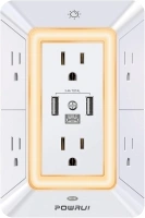 Multi Plug Outlet Surge Protector - POWRUI 6 Outlet Extender with 3 USB Ports (1 USB C) and Night Light, 3-Sided Power Strip with Adapter Spaced Outlets - White, ETL Listed