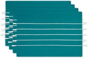 DII Tassel Stripe Tabletop Collection Decorative, Machine Washable, Placemat Set 13x19, Teal & Off-White, 4 Piece