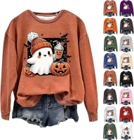 Halloween Pumpkin Sweatshirts Women Funny Ghost Graphic Sweatshirt Spooky Season Party Sweater Fall Pullover Top