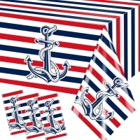 Nautical Birthday Tablecloth,Nautical Party Decorations 3pcs Waterproof Plastic Anchor Theme Navy Blue and Red Stripe Sailor Table Covers for Marinero Party Supplies