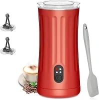 Milk Frother, Ovetedot 4-in-1 Milk Frother and Steamer, Non-Slip Stylish Design, Hot & Cold Milk Steamer with Temperature Control, Auto Shut-Off Frother for Coffee, Latte, Cappuccino, Macchiato(Red)