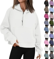 Quarter Zip Pullover Women Fleece Oversized Sweatshirt Stand Collar Casual Crop Sweatshirt with Pockets Thumb Hole