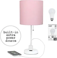 Simple Designs LT2024-POW-LB 19.5" White Stick Table Desk Lamp with Charging Outlet and Drum Fabric Shade for Living Room, Hallway, Nightstand, Office, Pink Shade, with Feit LED Bulb Included