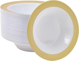 JOLLY CHEF 50 Plastic Bowls with Gold Rim, 12oz Disposable Soup Bowls, Premium Heavy Duty Disposable Dinner Bowls Reusable and Great for Parties, Everyday Use, Catering, Weddings