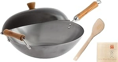 JOYCE CHEN Classic Series 14-Inch Uncoated Carbon Steel Wok Set with Lid and Birch Handles, 4 Pieces