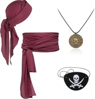 Pirate Costume 4Pcs Women Men Halloween Pirate Accessories Cosplay Waist Belt Bandana Hat Eye Patch Necklace