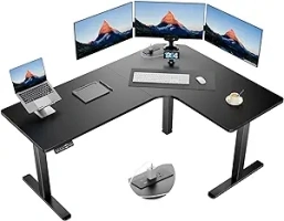 HUANUO 63″ Dual Motor L-Shaped Standing Desk, Built-in Power Outlets, Electric Height Adjustable Corner Computer Desk, Large Power Strip Holder, Sit Stand Up Desk with 3 Preset Heights, Black