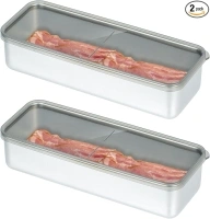 Pack of 2 Bacon Container for Refrigerator, 304 Stainless Steel Airtight Deli Meat Storage Bacon Keeper, Long Storage Container for Fridge, Dishwasher Safe, with Lids