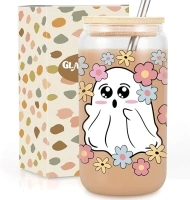 GSPY Halloween Ghost Iced Coffee Cups - 16 oz Halloween Tumbler with Lid and Straw - Halloween Gifts for Women - Cute Halloween Glass Cups - Spooky Halloween Ghost Mug for Women, Girls, Adults