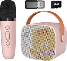 Mini Karaoke Machine for Kids, Portable Bluetooth Speaker with Wireless Microphone，Kids Music Player Toys for Girls and Boys,3,4, 5, 6, 7, 8+ Years Old, Teens Birthday (Pink-Cat)