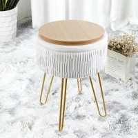 Stripe Velvet Vanity Chair Round Ottoman,Upholstered Vanity Makeup Footstool Side Table Dressing Chair with Golden Metal Legs (White, Round-Storage)