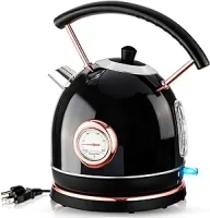 Pukomc Retro Electric Kettle 1.7L, Stainless Steel Portable Fast Boiling, Cordless with LED Light, Unique Appearance with Temperature Gauge, Auto Shut-Off&Boil-Dry Protection (Black)