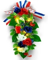 YULETIME 24" Pre-lit Decorative Teardrop Swag, Battery Operated Patriotic Theme Swag with Fairy Lights, Red, White & Blue Roses, Lilac Flowers, Green Leaves (Red White & Blue)