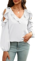 Womens Casual Ruffle Blouses V Neck Cold Shoulder Dressy Shirts Long Sleeve Business Work Tops 2024 Summer Tops