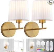 Battery Operated Wall Sconces Set of 2, Gold Wireless Sconces Wall Decor, Cordless Sconce Lighting with Remote and 5200mAh Dimmable Bulbs, Rechargeable Wall Lamps for Bedroom Living Room