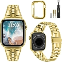 Thin Metal Band Compatible with Apple Watch Band 38mm 40mm 41mm 42mm 44mm 45mm 49mm, Dressy Stainless Steel Chain Strap, Slim Fancy iWatch Band with Case for Women Men