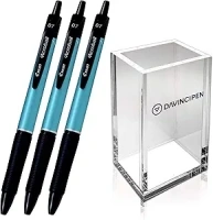 Pilot pens Acroball Ballpoint pen black ink 0.7mm (T series Metal Green body) pack of 3 with DAVINCIPEN Acrylic Pen Holder (Transparent)