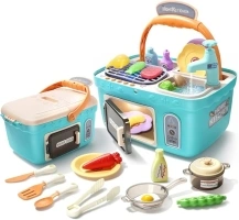 CUTE STONE Kids Picnic & Kitchen Playset,Portable Pinic Basket with Musics & Lights, Color Changing Play Foods, Sink,Pretend Play Oven and Other Accessories Toys for Boys and Girls