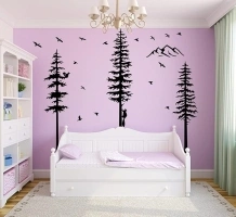 Large Pine Tree Wall Decals Peel and Stick Forest Tree Woodland Nursery Decor squirrel Birds Animal Wall Decals Mountain woodland tree wall decal for Kids Room Bedroom Playroom Decoration (Black)