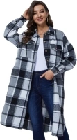 Xaspee Womens Long Plaid Shacket Jacket Casual Fashion Lapel Button Down Long Sleeve Long Plaid Coat with Pockets