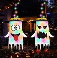 29.5" Halloween Decorations, 2 Pack Halloween Witch Hat Ghost Windsocks Decorations with LED Light Hanging Witch Hat Ghost Windsocks Outdoor Decorations