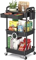 Rolling Utility Cart with Drawer 3 Tier, Utility Storage Organizer with Plastic Shelf & Lockable Wheels Multifunctional Storage Cart for Kitchen, Bathroom, Office, Living Room, Black