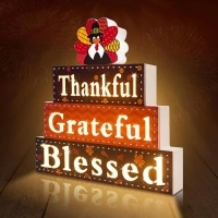 Thanksgiving Lighted Wooden Block Sign Decorations Thankful Grateful Blessed Turkey Wood Signs Battery Operated Fall Thanksgiving Farmhouse Decor for Table Mantle Centerpiece