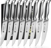 Steak Knives Set of 8, German Stainless Steel 5 Inches Serrated Straight Edge Steak Knife Set, One Piece Design Knife Set of Steak with Box, Silver Wings Series