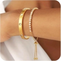 Gold Tennis Bracelets Gold Bngle Bracelet For Women 18K Gold Plated Adjustment Tennis Bracelet Cubic Zirconia Stones Bangle Cuff Friendship Love Bangle Bracelets Dainty Jewelry Set Christmas Birthday Gifts