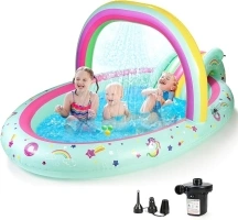 SULIFEEL Rainbow Unicorn Inflatable Play Center Kiddie Pool with Slide and Sprinkler for Children, 8ft x 5ft x 9.5in Baby Pool for Backyard and Garden, Free Inflatable Pump (Rainbow)