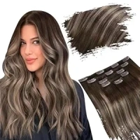 Ugeat Straight Clip in Hair Extensions Ombre Dark Brown to Ash Brown Hair Extensions Clip in Remy Hair Extensions Real Human Hair 5pcs 12 Inch 85g(70g Hair+15g Clips)