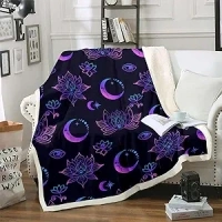 Erosebridal Oriental Lotus Blanket Bohemian Moon Throw Blanket for Bed, Pink Flower Sherpa Blanket for Girls Women Pink Navy Purple Neon Ombre Fleece Blanket, Hippie Black Fuzzy Blanket