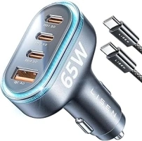 LISEN USB C Car Charger 65W+36W 4 Port Fast Charging Car Charger Adapter PD3.0 & QC3.0 Cigarette Lighter Car USB Charger Multi Port with Cable,Compatible with iPhone 16 Pro Max Plus Samsung S24 iPad