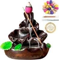 Cute Ceramic Backflow Incense Holder Waterfall Incense Burner with 48 Incense Cones and 30 Incense Stick, Incense Fountain for Home Decor, Desk Decor (Brown)