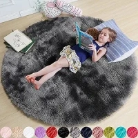 Amdrebio Tie-Dyed Dark Grey Round Area Rugs for Living Room, 7x7 Rug, Soft Thick Large Circle Rug for Bedroom, Big Shag Fluffy Plush Carpet for Mens Boys Kids Room, Modern Cool Furry Circular Rug