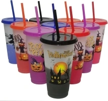 10 Pack Halloween Decorations Halloween Color Changing Cups with Lids and Straws, 24 oz Plastic Cups, 710ml Plastic Tumblers Bulk, Reusable Trick or Treat Candy Cups for Halloween Christmas Party