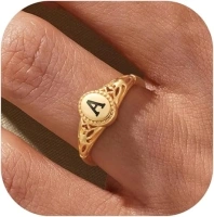 KOHOTA Gold Initial Rings for Women Non Tarnish Vintage 14K Gold Plated Letter Signet Ring Dainty Personalized Stackable Thumb Pinky Band Ring Size 6-10 Jewelry Gifts