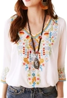 Higustar Mexican Embroidered Tops Women Peasant Style Shirts Bohemian Plus Size Blouse White