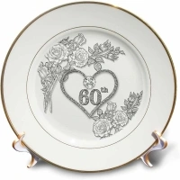 3dRose 60Th Diamond Wedding Anniversary Word Art with Heart On Linen White Plate, 8"