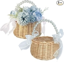 Flower Girl Basket Set of 2, Handwoven Small Flower Basket with Pearl Handle, Ribbon Bow & Plastic Liner for Flower Girl, Wicker Rattan Rustic Wedding Baskets for Home Wedding Decorations