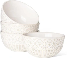 Kanwone Ceramic Cereal bowls - 6 Inch, 28 Ounce Soup Bowls for Kitchen, Embossment Stoneware Bowl Set, Microwave and Dishwasher Safe - Set of 4, Creamy White, House-warming Present