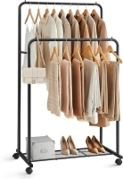 SONGMICS Double Rods Clothes Rack with Wheels, Clothing Rack for Hanging Clothes, Heavy Duty Garment Rack with Mesh Storage Shelf, 2 Brakes, Each Top Rail Holds up to 77 lb, Black UHSR26BKV1