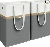 SONGMICS Set of 2 Laundry Hamper, 75 L Foldable Laundry Basket, Laundry Bag with Short and Long Handles, Easy to Transport and Clean, Freestanding, for Bedroom, Bathroom, Slate Gray ULCB208G01