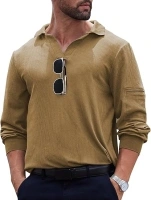 Mens Knit Polo Shirts Casual V Neck Long Sleeve Lightweight Ribbed Knit with Collar Sweater Golf Polo with Pocket