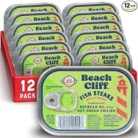 Beach Cliff Wild Caught Fish Steaks in Soybean Oil with Hot Green Chilies, 3.75 oz Can (Pack of 12) - 16g Protein per Serving - Great for Pasta & Seafood Recipes